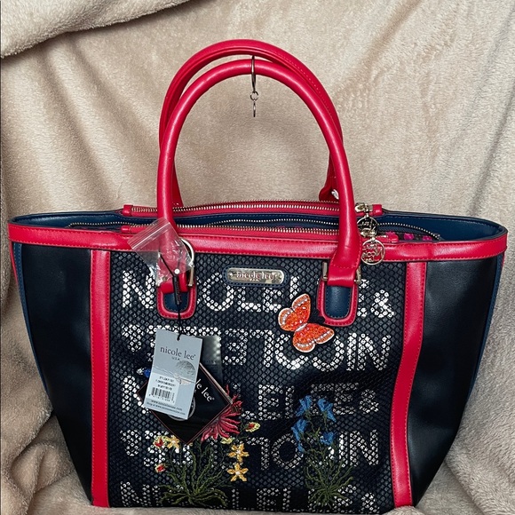 Nicole Lee Handbags - Nicole Lee Black Tote with Red Trim and Floral Appliqué